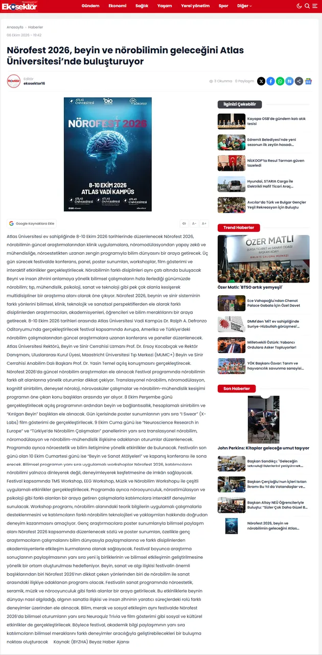 Nörofest 2026, Beyin ve Nörobilimin Geleceğini Atlas Üniversitesi’nde buluşturuyor
