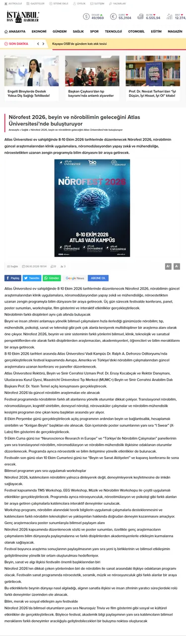 Nörofest 2026, Beyin ve Nörobilimin Geleceğini Atlas Üniversitesi’nde buluşturuyor