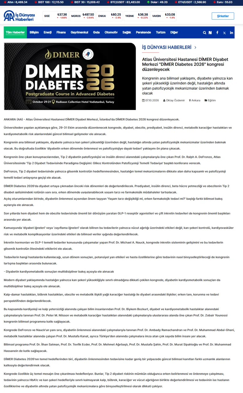 DİMER Diabetes 2026 İstanbul’da dünya çapında diyabet uzmanlarını buluşturacak