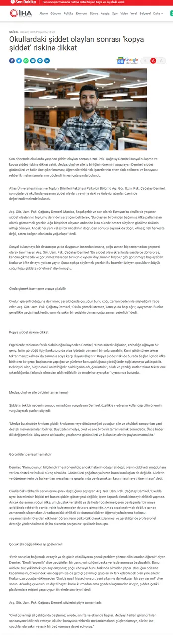 Psk. Çağatay Demirel: Okullardaki şiddet olayları sonrası ‘Kopya Şiddet’ Riskine Dikkat