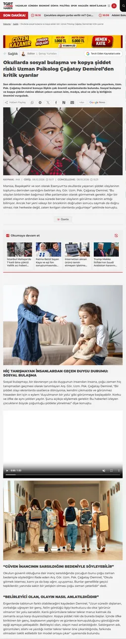 Psk. Çağatay Demirel: Okullardaki şiddet olayları sonrası ‘Kopya Şiddet’ Riskine Dikkat