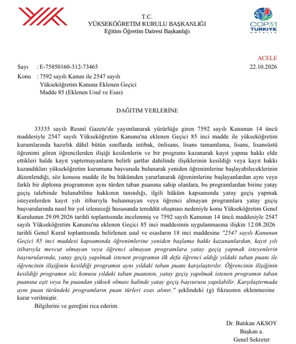 Öğrenci affı kapsamında yatay geçişte taban puan düzenlemesi