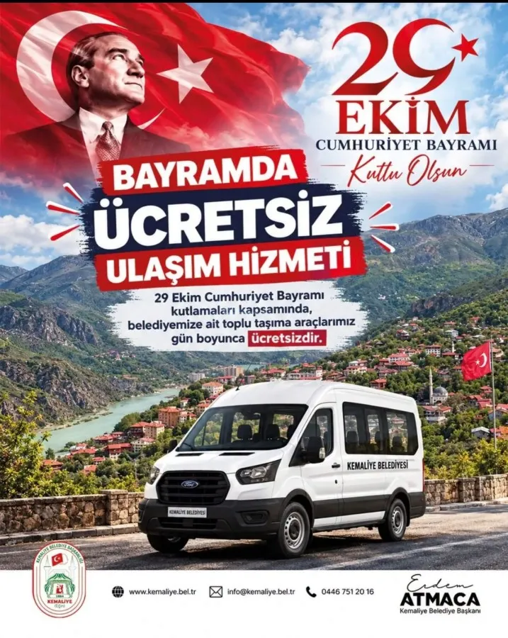 Kemaliye Belediyesinden Cumhuriyet Bayramı'na özel ücretsiz ulaşım hizmeti